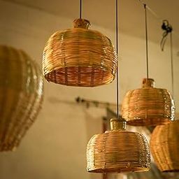 CreateYourTaste -Dome Shaped Cane Pendant Light for Home Styling, Cafe, Resort | Hancrafted Bamboo Lamp | Hanging Lamp - with Wire & Bulb Holder, Beige (Set of 3)-image-21