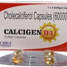 CADILA Calcigen D3 (Vitamin D3 - Cholecalciferol) 60000 IU - Pack of 5 * 4 Capsules, Once A Week (4)-0