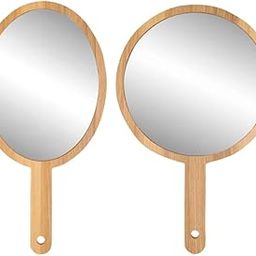 Wooden Handheld Beauty Makeup Mirror Set of 2 - Round Shape 10.75 inch & Oval Shape 12 Inch - Salon Mirror, Dressing Table Mirror, Shaving Mirror, Travel Mirror-18