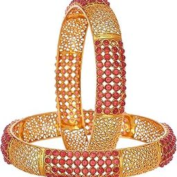 Bangle Gold Plated Handmade Designer Pota Stone Studded Bangle Set Of 2 Jewellery For Women & Girls (Red, 2.6)-14
