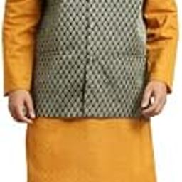 SOJANYA (Since 1958) Men's Pure Cotton Mustard Chikankari Kurta & Silk Blend Nehrujacket With White Churidar Pyjama Set-picture-2