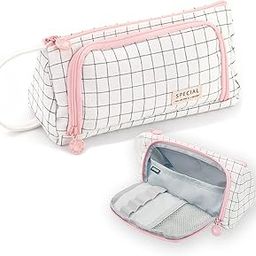 Topinon Polyester Big Capacity Pencil Case High Large Storage Pouch Marker Pen Case Simple Stationery Bag School College Office Organizer for Teens Girls (White)-image-61