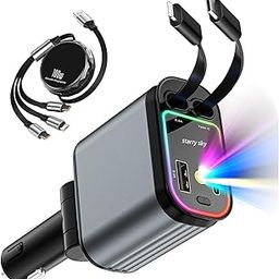FKU 5 Multi Ports 31W Voltage Digital Display Car Phone Charger PD3.0 + QC3.0 Fast Charge Type-C Car Charging Adapter & 5FT Cable USB Charger (Starlight 120W Retract.+3 in1Data Cable)-9