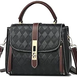 diva dale Ladies Quilted Handbag, Black with Brown Trim, Top Handle Satchel with Shoulder Strap, Gold Hardware-picture-6
