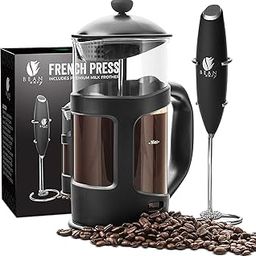 Bean Envy French Press Coffee Maker and Milk Frother Set with 4 level Filtration System|Glass Carafe Coffee Press & Drink Mixer Duo w/Stainless Steel Stand (Black, 1L)-image-66