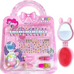 TERA 13 Nail Art Kit Including Small Press On Nails for Kids (1 set) Unicorn Nail Patches, Nail Stickers, Nail Polishes, Clips, Bracelet for Girls Non-Toxic Unicorn Gift Hair Brush With Mirror-image-51