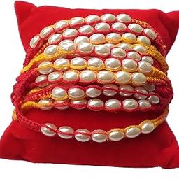 Set Of 12 Pearl Beaded Moli Thread Kalava Rakhi Set For Brother Combo For Bhaiya, Gift For Brother Dora Moli Rakhi-image-27