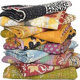 BLANDO 1 Piece Handmade Indian Vintage Kantha Quilts Reversible Bohemian Home Decor Blanket Assorted Color Twin Size 85X55 Inches Multicolor-image-15