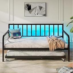 46Treeform Daybed Without LED Lights, Height Adjustable Twin Daybed with Trundle, Metal Sofa Bed Frame with Steel Slat Support for Living Room, Bedroom and Guest Room, Black-10