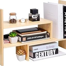 esktop Organizer Office Storage Rack Adjustable Natural Wood Display Book Shelf Stand Rack Wood Caddy Desk Organizer Set Office Storage Expandable...-15