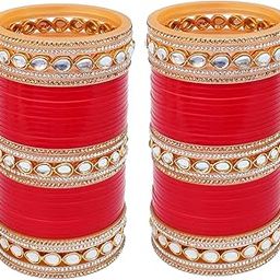 Bridal Bangle Set Dhanteras/Diwali/Bhai Dooj Collection Chura Red White Kundan & Golden Stone Choora Wedding Punjabi Chuda for Women (1848-G1C1-1013-R)-image-33
