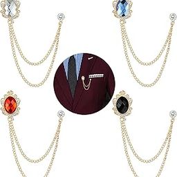 4PCS Gem Brooch Lapel Pin Chain for Men Suit Tassel Collar Chains for Shirts Badge Hanging Chains Tuxedo Accessories Colorful Hat Scarf Tie Pins for Women Men Father's Day Gift, Alloy Steel,-picture-1