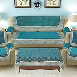Jayvaam SAWNA Homes 5 Seater Sofa Set with Center Table Cover for Living Comfort - 3 and 2 Seater Arm Cover Set for Home Sofa Couch - 16 Pcs Chenille Slip Cover for Furniture Protector, Sky-image-79