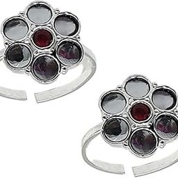 Pure Silver (Chandi) Antique Round Designer With Kundan Work Small Cz Toe Rings/Bichiya For Women ~ Pack in 2 Pieces Set-image-1