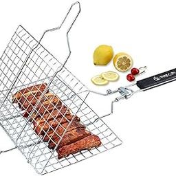 PANTH® BBQ Grill Net Basket Roast Grilling Tray Chromium Plated with Wooden Handle for Fish, Vegetables, Steak, Shrimp, Chops and Other Food-image-16