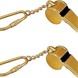 Antique Security Guard Whistle Brass Keychain Set of 2-Gold Finish-26