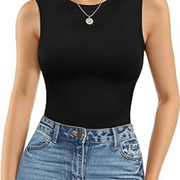 Women's Sleeveless Crew Neck Tank Tops Bodysuit Jumpsuit, A Crew Neck Black, Small-picture-21