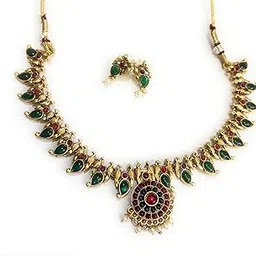 Ruby & Emerald, pearl based mango design south Indian Wedding Traditional temple jewellery set. Latest fashion full Combo for Girls (Latest Mohanmala rani haar)-image-4