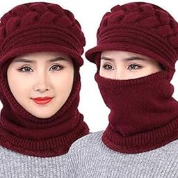 Women's Winter Warm Knit Hat Wool Snow Ski Visor Neckwarmer Cap (Maroon,Free Size)-image-60