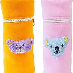 Sarvatapana Cover for Feeders Soft Plush Stretchable Baby Feeding Bottle Cover (120-250 ml) Set of 2 Zipper Closer Baby Milk Feeding Bottle Cover Cute Animated Color Orange & Baby Pink-picture-20