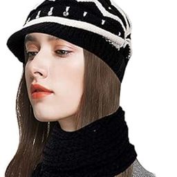Women's Winter Woollen Warm Visor Cap with Muffler and Gloves (Black,Free Size)-image-78