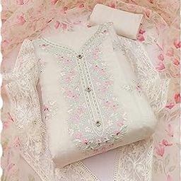 Floral Embroidered Chanderi Silk Dress Material | Unstitched Suit Set with Santoon Bottom, Organza Dupatta for Women-image-51
