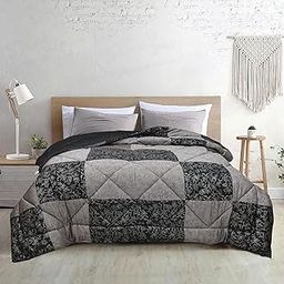 LINENWALAS Premium 300 GSM Block Printed Comforter, Super Soft Microfiber Filling Warm Bamboo Patchwork AC Blanket, Double Bed Size Lightweight, Breathable Winter Quilt (90” x 100”/ Graphite Hues)-image-23