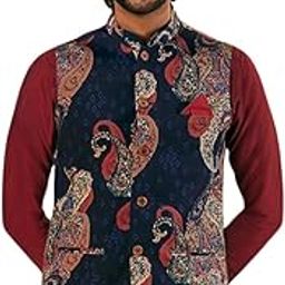 Men's Nehru Jacket, Navy Blue Cotton Blend, Printed Regular Fit Mandarin Collar Sleeveless-image-25