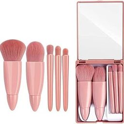 5 in 1 Professional Small Mini Mirror Makeup Brush Kit for Face Eye Shadows Eyeshadow Powder Blush Cosmetic Case Set Cleanser for Women Foundation Travel Brushes for Girl Female-34