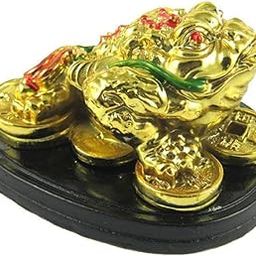 RIPE INDIA® Feng Shui Money Frog (Legged Toad) Hold Two Ignots On A Pile of Money for Wealth Luck Legged Money Frog On Bed of Ingots Showpiece Gold Color-image-1
