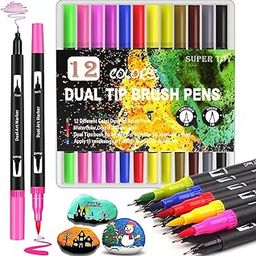 SUPER TOY 12 Dual Tip Brush Pens Felt Tip Art Markers Pen Set 12 Colors for Kids and Adults Colouring Book Supplies Fineliner Tip Brush Marker for Drawing Sketching-23