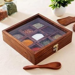 KARAFT WILA Spice Box With 1 Spoon - Sheesham Wood Masala Dabba Organizer for Kitchen - 9 Containers - Decorative Handmade-30