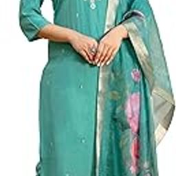 Women's Roman Silk Embroidery Kurta Pant with Floral Print Dupatta Set-image-13