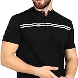 Men’s Mandarin Collar Polo T-Shirt | Tich Button Closure, Chest Stripes, Ribbed Sleeves – Regular Fit-image-40