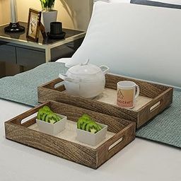 Set of 3 Wooden Serving Trays with Handles - Rustic Nesting Trays, Stackable Rectangular Platters for Cakes, Snacks, Breakfast & Coffee Table - Perfect for Parties & Home Décor-7