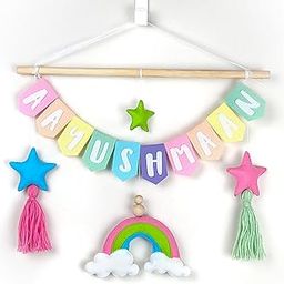 AGD Handmade Pastel Rainbow Name Wall Hanging, Custom Name Banner, Felt Fabric Wall Hanging with Tassels, Stars and Cloud Decor, Kids Room Decoration-image-3