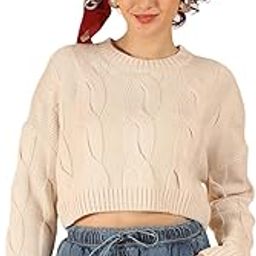 Women's Acrylic Full Sleeve with Cable Knit Cropped Sweater Cream-image-57