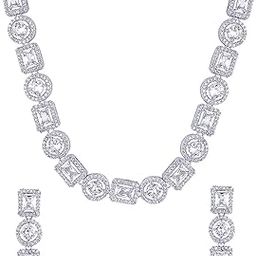 Traditional American Diamond Rhodium Rose Gold Plated AD Necklace Jewellery Set for Women-image-77
