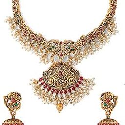 Necklace Set For Women And Girls Traditional Jewellery set for women Gold-Plated Temple Necklace Set Stone-Studded Necklace Set For Women & Girls-8