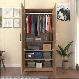Amazon Brand - Solimo Engineered Wood 2 Door Wardrobe |Cupboard | Almirah with 4 Shelves, Soft-Close Hinges & Hanging Rod (Wood Oak Light)-image-66
