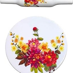 Decor Craft White Merble Enamel Printed Roti Maker Set 10 inch Diameter Chakla with Wooden Rolling Pin 12 inch Long for Kitchen (Multi-Color-Flower)-18