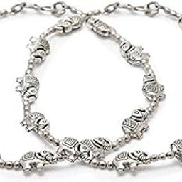 German Antique Oxidised Silver Plated Metal Alloy Traditional Indian Style Anklets Payal/Pazeb Pair for Women Elephent-image-31