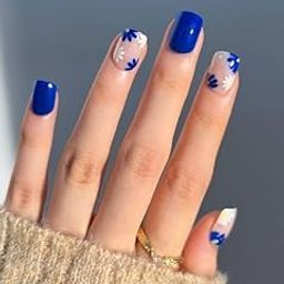 FWS Artificial fake Press On Nails Art Set (Set Of 20) Reusable Nails Extension,BridalNails,Stick-On Nails,Manicure Art Set, AcrylicNails,False Nails,DesignerNails | Nail Glue, Nail file, cuticle pusher, cleaning wipe | Glossy Navy Blue Floral Shape Square-image-82