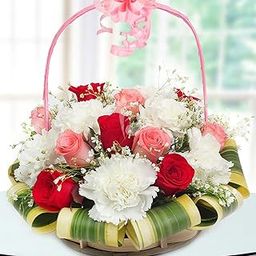 Fresh Live Flower Bouquet of 15 Roses & 10 Carnations Flowers In Kashmiri Basket For Birthday Gift, Anniversary Gift, Congratulations Gift & Gift For Special Occasions (Same Day Delivery)-image-70