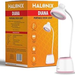 Halonix Polycarbonate Diana Rechargeable Portable Desk Lamp | Study Lamp with Pen Holder | Feather Touch Table Lamp | Bright 5W Led Light |,Grey-16
