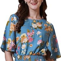 U&F Blue Floral Printed Flared Sleeve Tie-Ups Smocked Crepe Blouson Crop Top-image-1