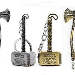 Marvel Avengers Infinity War Thor Axe-Hammer & Mjolnir- Hammer Stormbreaker Metal Keychain & Keyring (Pack Of 4) For Bikes, Cars, Bags, Home, Cycle, Men, Women, Boys And Girls, Multi-Coloured-1