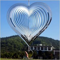 HIKI ZIKI 12"x 12" Stainless Steel 3D Silver Wind Spinners| Laser Cut Metal Art Heart Pattern| Hanging Wind Sculptures 360° Rotating| Bedroom Living Room Window Corridor Yard Garden Decoration_Heart-image-62