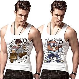 MeFunky Men’s Gym Vest (Pack of 2) – Cartoon Printed Tank Tops | Soft Stretchable Cotton Hosiery | Sleeveless Workout Wear White-picture-30