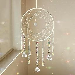 Mannikin Hanging Dream Catcher with Crystals Wall Hanging Suncatcher Beads, and Bells Boho Moon Dream Catcher Wall Decor House Decorations for Home Girls Kids Baby Bedroom Room Decor (White)-image-11